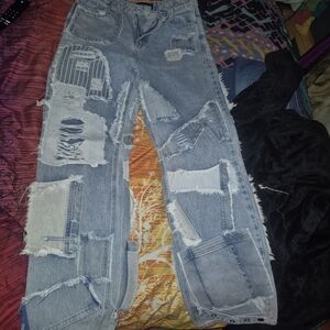 AKIRA Light Blue Distressed Patchwork Straight Leg Jeans